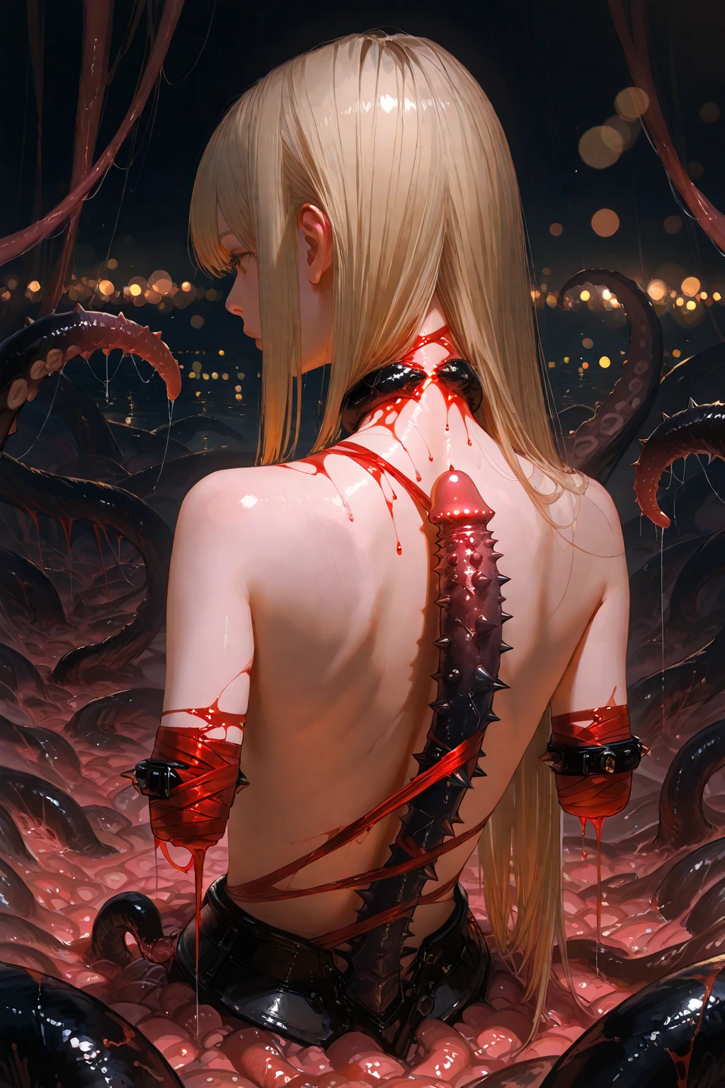 perfect hand,perfect anatomy,masutepiece,Best Quality,Ultra-detailed,High resolution,Unity 8k壁纸,super detailed skin,Cinematic lighting,makima、mid night、Metamorphosis、red blush、Tentacles are touching the crotch、Tentacles are touching the chest、Tentacles restraining limbs、Octopus near the crotch、octopus pit、((((vulgarity))))、