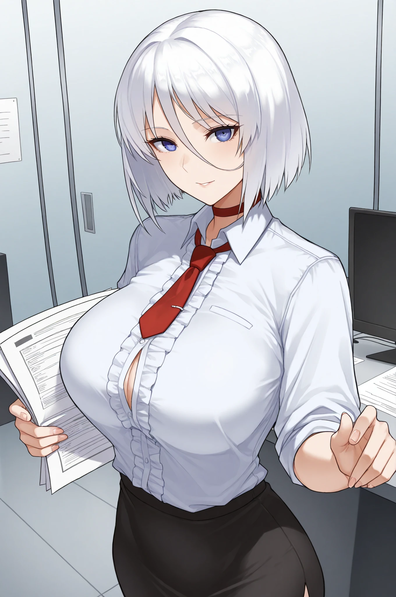 score_9, score_8_up, score_7_up, 1girl, looking at viewer, hands_on_hip, in heat, blush, silver hair, single hair intake, ruby eyes, medium breasts, inverted nipples, god rays, office, panorama <lora:oyari_ashito_PonyXL_style_v01:1>