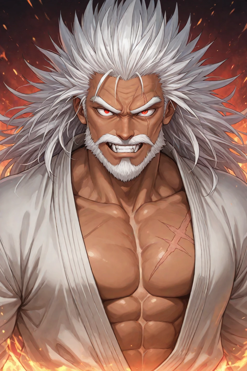 absurdres, highres, ultra detailed, upper body, night, big dipper,
toki_\(hokuto no ken\), white hair, topless male, muscular, manly, veins, faicial hair, beard, headband, armband, blood, sweat, fighting stance, open hands,
serious, looking at viewer, aura, shaded face,
<lora:HNKstyle-000001:0.7>
<lyco:envybetterhandsLocon_beta2:1.0>perfect hands,<lora:nonipples_v10:2> <lora:shaded_v10:1> <lora:flat:-1> <lora:flatBG:1> <lora:fineline-v2:1> <lora:LECO_LessMuscularity:-2>