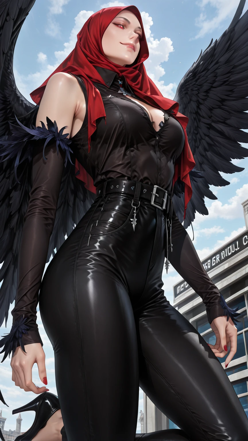 masterpiece, realistic, hyperrealistic, best quality, ultimecia, horns, red dress, plunging neckline, feather trim, black wings, facial marks, claws, full body, smirk