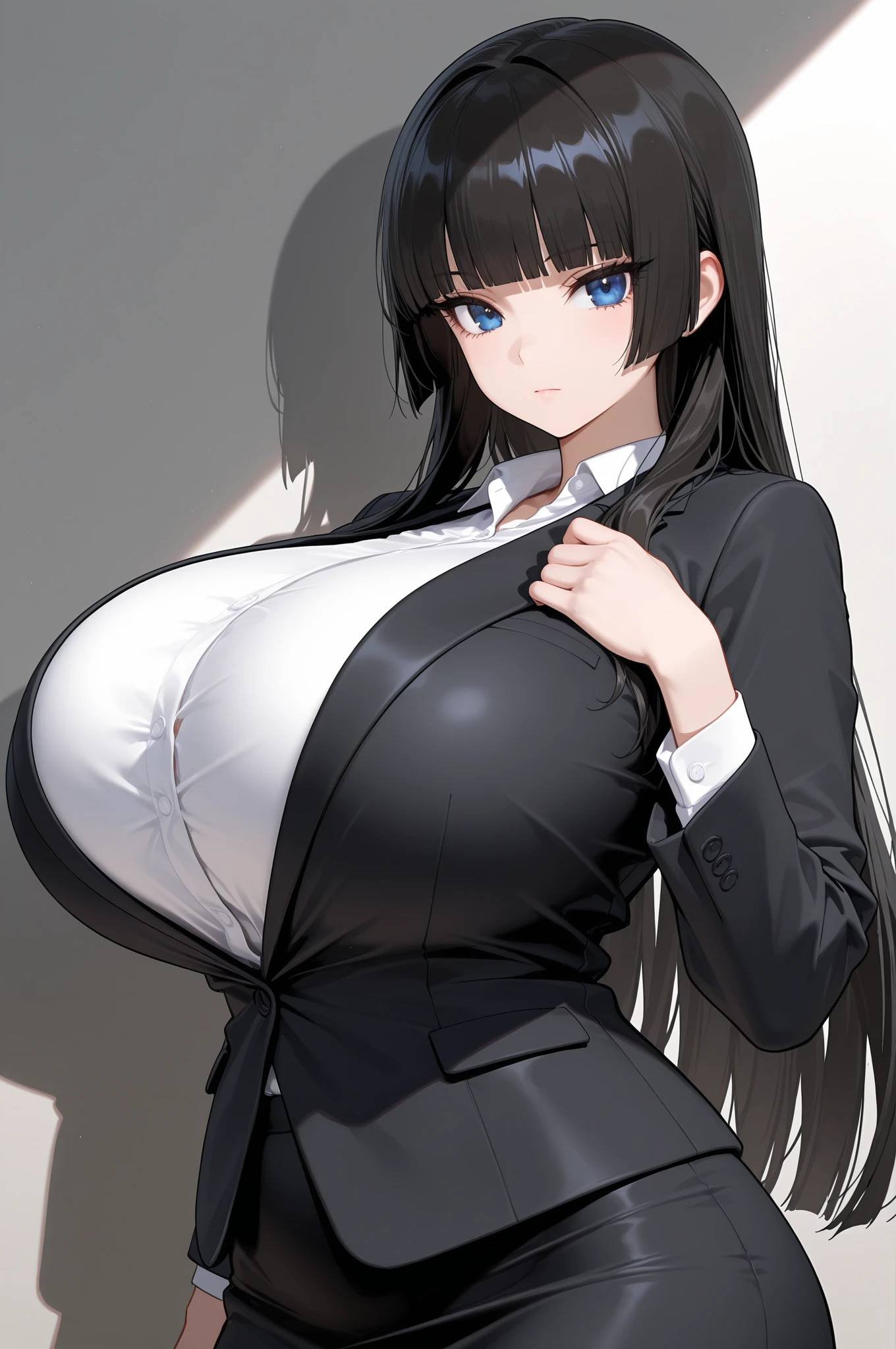 Young dark-haired female CEO, Gentle smile,(huge bust:1.5),The background is a securities company with many staff、Rich woman、Scattered gold coins and dollar bills、