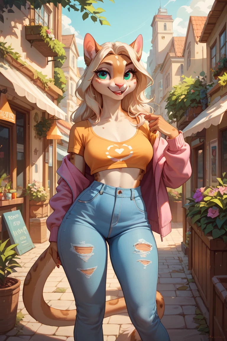 cute rabbit furry girl, anthro, beauty, midriff, skinny jeans, sexy, hi res, detailed background
