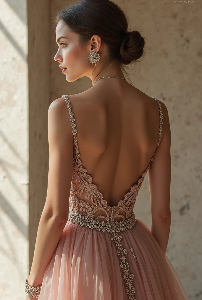 European and American women, A fashion model, Wearing a pink dress with an open back, Glamour, paparazzi taking pictures of her, short detailed hair, Brown eyes, 8K, High quality, Masterpiece, Best quality, k hd, Extremely detailed, voluminetric lighting, Photorealistic