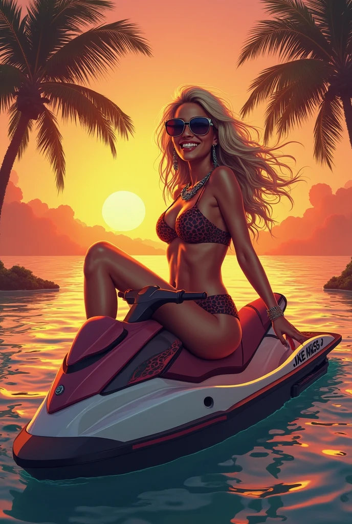 on a jetski in the sea (a 35 year old woman) brown skin, solo, 1 girl,, african long hair, super detailed, modern style, wearing white gucci bikini and chanel sunglasses