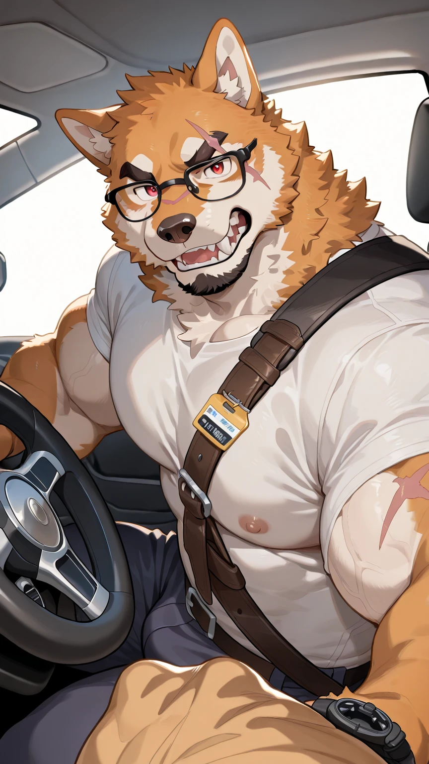 ((masterpiece), best quality, high quality, professional quality, highly detailed, highres, perfect lighting, natural lighting), horse furry, large muscles, driving a pickup truck, detailed background