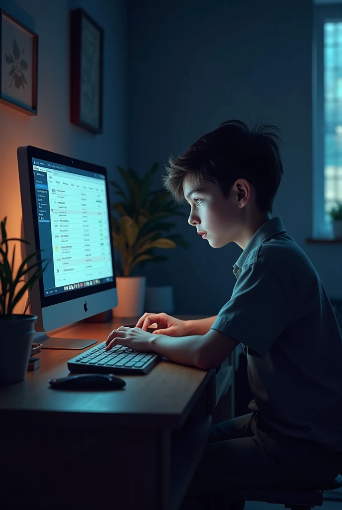 boy using laptop plugged in, At his side a mobile phone charging, tablet charging at his side; All these devices are connected to a single extension