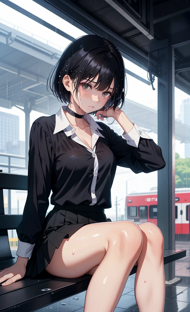 ((Masterpiece)), (Super Detail), Detail, Best Image Quality, Illustration, (Heavy Rain), 20 year old woman, Beautiful woman, Beautiful wet black hair, Bob cut, Beautiful red eyes, portrait closeup, Wet white shirt, tie, Wet checkered miniskirt, Black socks, Black shoes, Weapon holding a sniper rifle, Fighting with weapons, Wet white underwear,