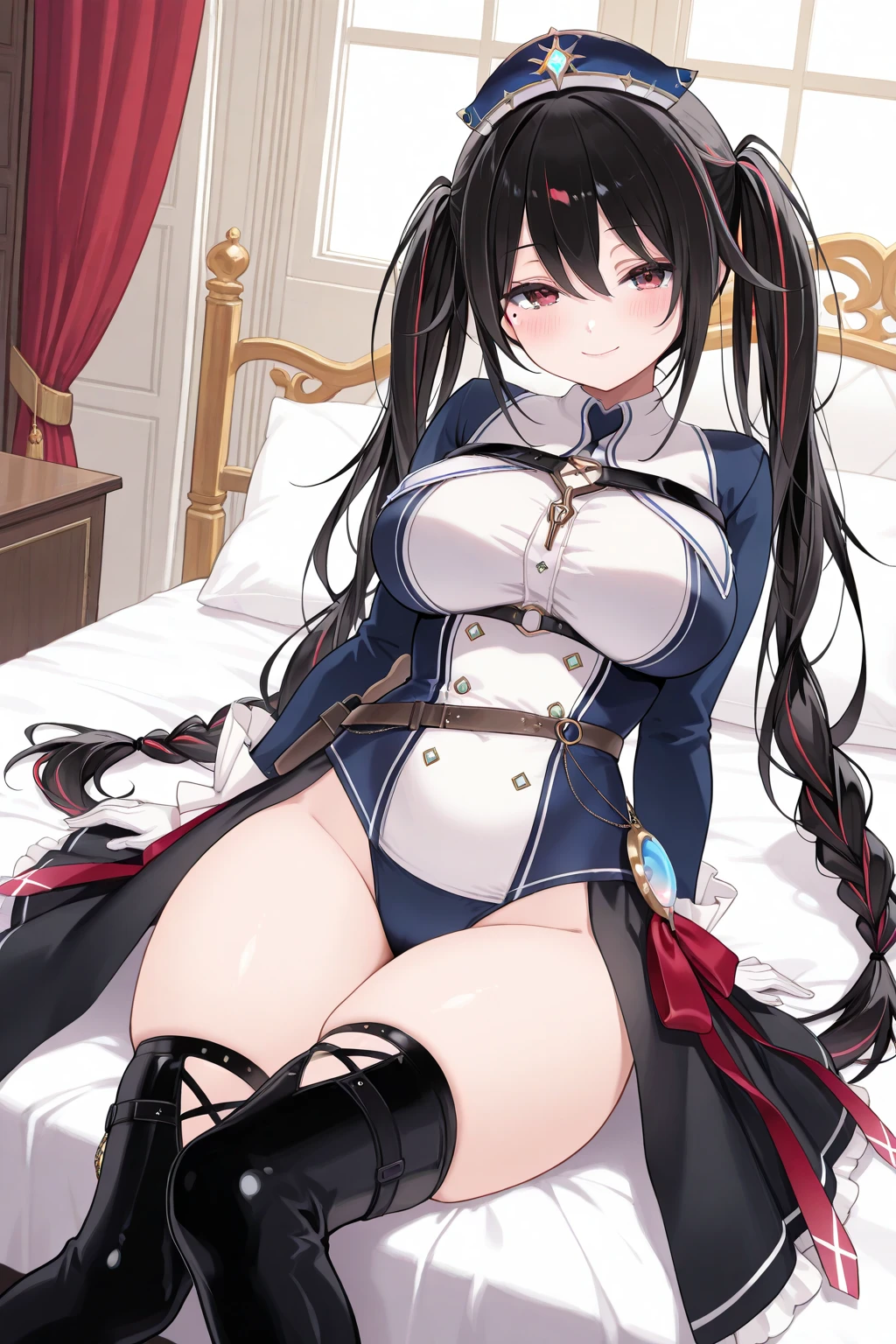 score_9, score_8_up, score_7_up, score_6_up BREAK source_anime, Ishtar, long hair, black hair, ribbon, hair ribbon, two side up, red eyes, parted bangs, crown, PekoraBase, hair ornament, fur collar, white dress, fur-trimmed dress, bare shoulders, black leotard, strapless, cleavage, detached sleeves, puffy short sleeves, black gloves, black pantyhose, 1girl, divine goddess body with stunning curves, smile, wide hips, on her back, spread legs, The background is on a living room