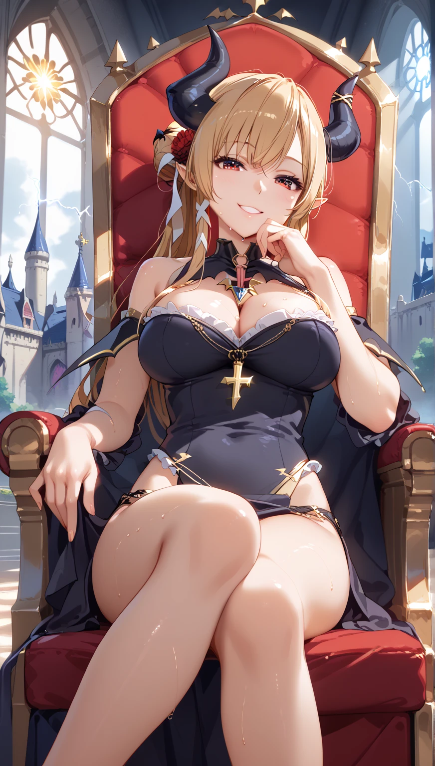 masterpiece, extra limbs, 1vampire lady, 250 years old,((light gold extra long hair light gold pubic hair)), slant blank ruby red eyes, big breasts large areolas light pink nipples, curvy,(pale white finely detailed skin), (serious),(((clothed elegant dress))),hair ornaments,earrings,cape,Grimoire,crossed legs,sitting on throne,old castle,midnight