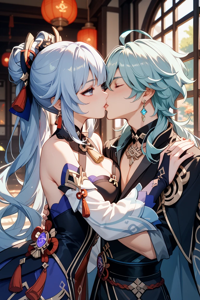 best quality, 4k, high resolution , anime girl , anime boy, young boy, tall boy, young girl, 24 years old, bangs, long hair, relaxed face, perfect shot, perfect anatomy, detailed face, detailed eyes, throne background , tall girl , 1girl, 1boy, realistic, 4k , masterpiece , ilustration, digital art, mid body, morgan le fay, fate grand order, standing , morgan le fay dancing with zhongli, 1boy zhongli, genshin impact,dance , dancing, close up
