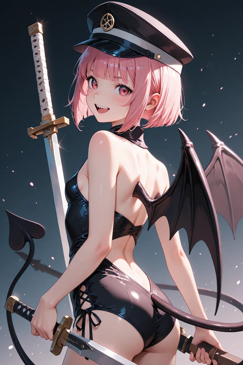 The corners are black、Female Devil、short blonde hair、bat wings、pink underwear、The background is the wilderness at night