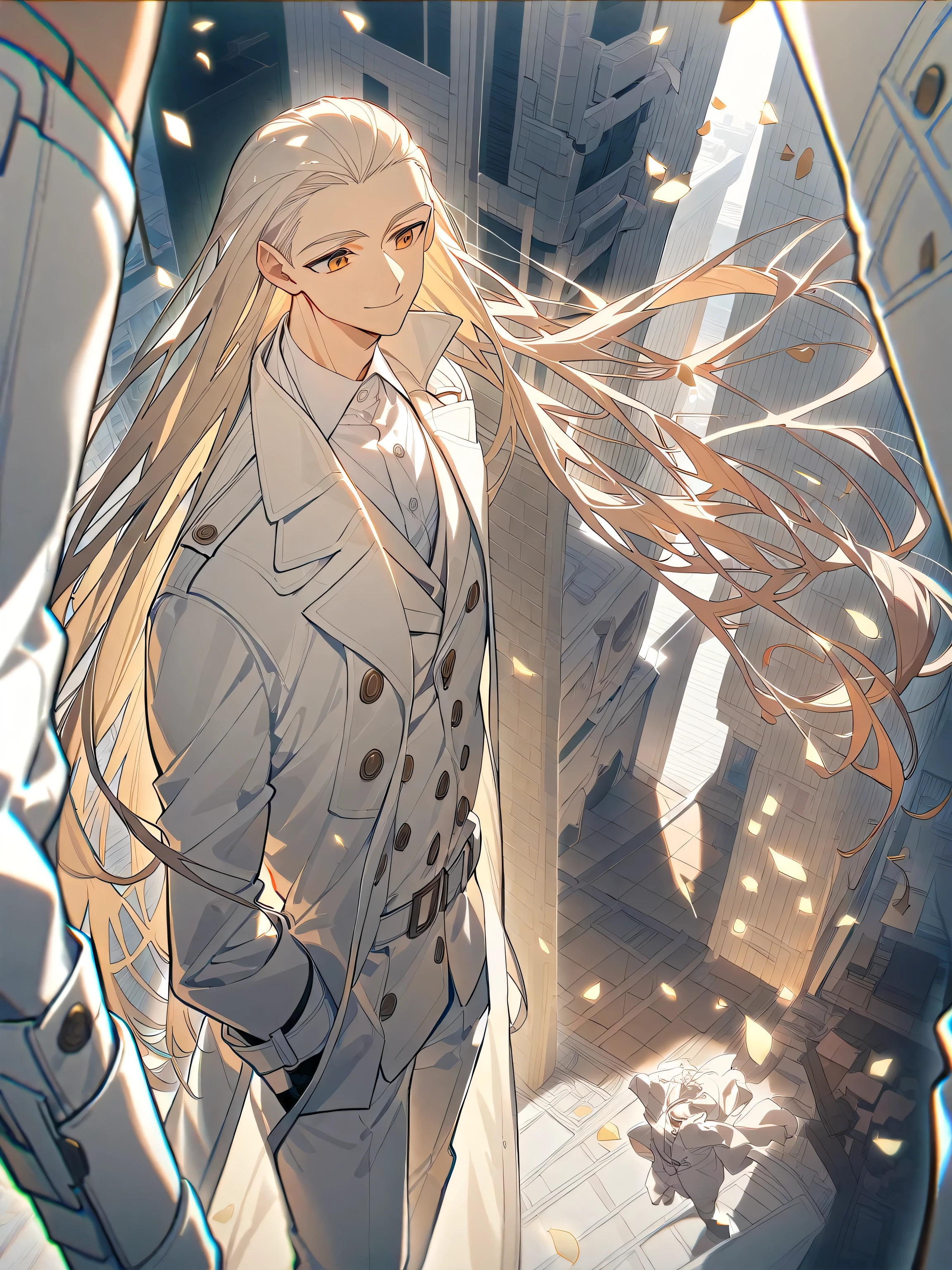 A man with long hair on the front,Wear a white to calf trench coat,Wear a white shirt and white vest underneath,Handsome white suit pants, positive perspective