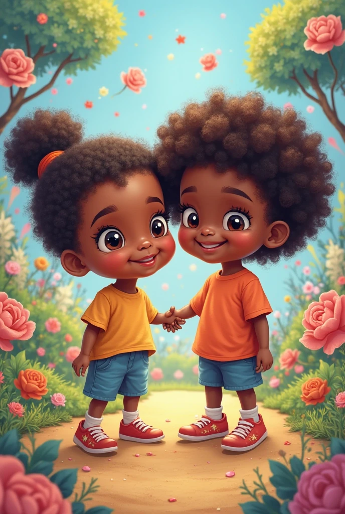 /imagine logo a black boy and a white girl, je veux des fleurs avec de la couleur (mint green, rose etc) that they are pre-teens without the flowers around them