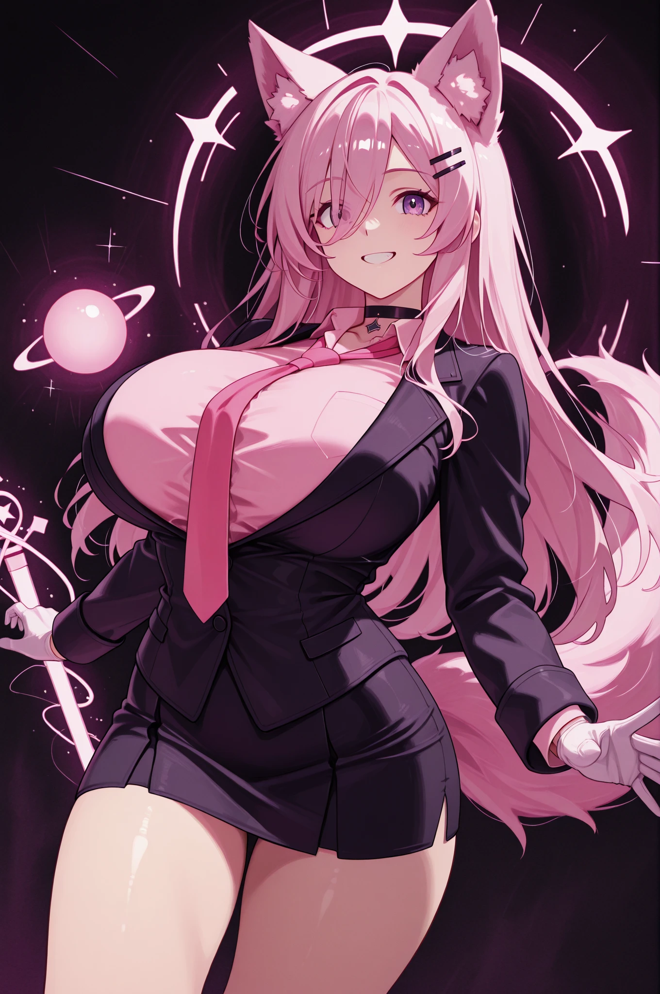 {1girl in},{{{{{Masterpiece Quality++, Ultra-detailed+, 超A high resolution,(Photorealistic:1.4)Cowboy Shot,mitsuri kanroji,Raw photo,(mitsuri kanroji)+,(mitsuri kanroji)+, Pink hair, Green hair, Braids, Huge natural breasts, demon slayer uniform), White jacket, (Mini skirt), Black skirt,very beautif,Pose Seductive, Best Quality, absurderes, 1girl in,}}}}} ((Colossal tits：1.1))、( laboratory, Darkness Room, (Neon light:1.2), (Night:1.5)