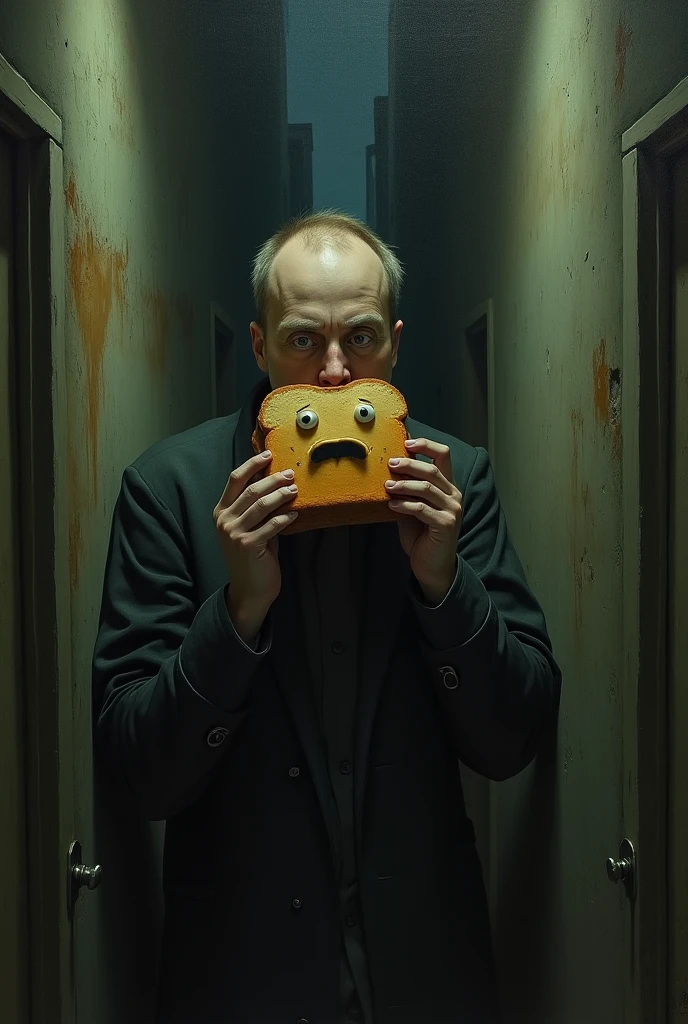 Create an image of a tall teenager, delgado, with a black jacket, oval head, magnifiers, with a hamburger in his hand and in the other hand holding a sign that says "simon", being in a red floor school hallway, White walls and the whole environment is worn and dirty.