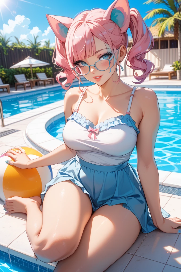 (((fuzzy vibrant colors))), anime style, Highly detailed illustration of a girl with pink hair, accentuated super huge enormously gigantic tits, cleavage showing, tattoo sleeves and piercings, micro bikini and thong, wear glasses age 23 breakup, poolside background, Tokio city,winter season, cold, froze, Studio Ghibli Film by Hayao Miyazaki, glowy magical smoke, pixiv, subtle colour, close mid-shot, (rule of thirds composition), best quality, gaze into the camera