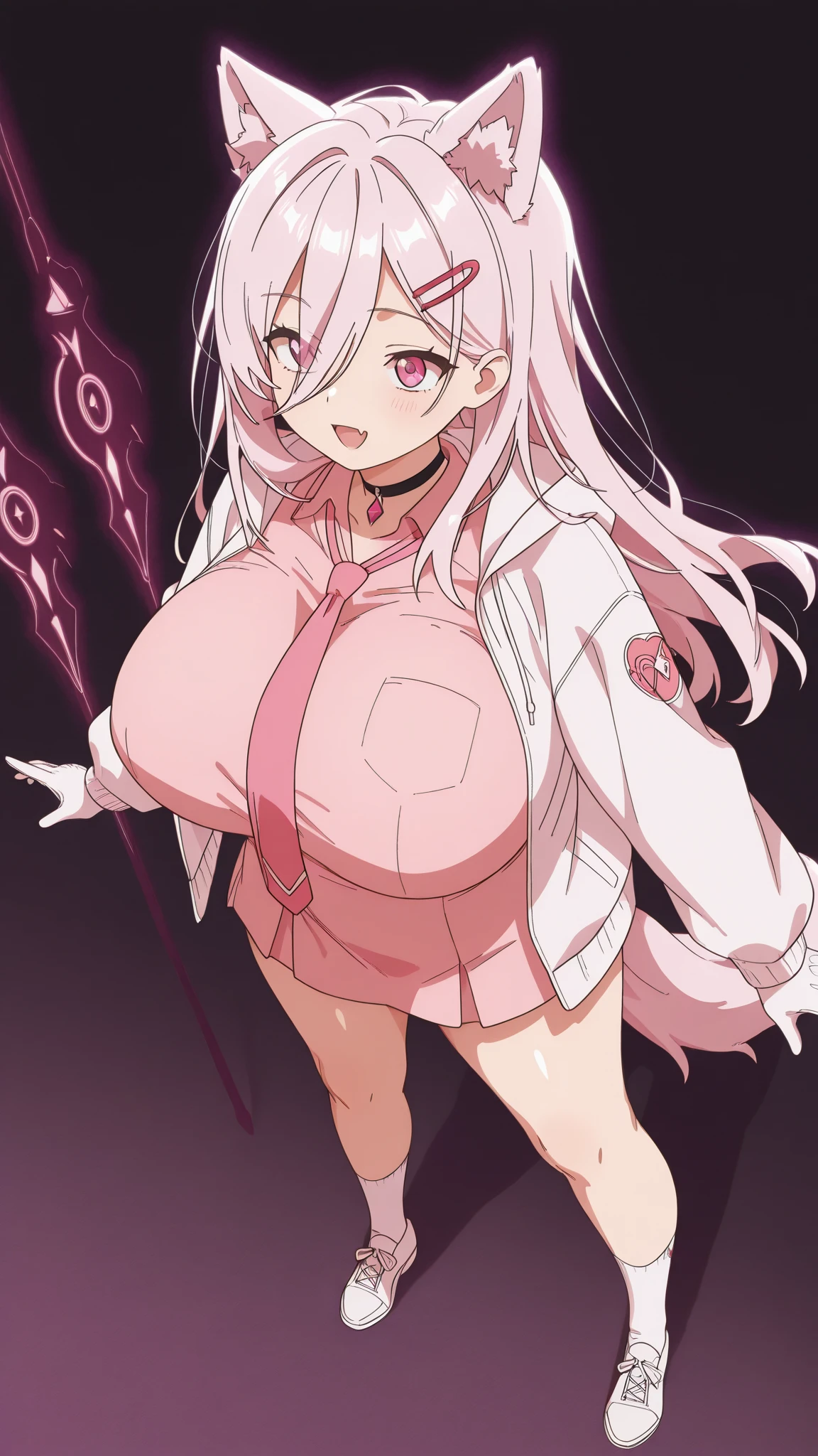 1 girl, game CG, Red and white shrine maiden clothes, shoulders visible, belly button visible, ((gigantic breasts)), pink hair, long hair, straight hair, ahoge, pink eyes, standing, smile, dynamic, white background ,
