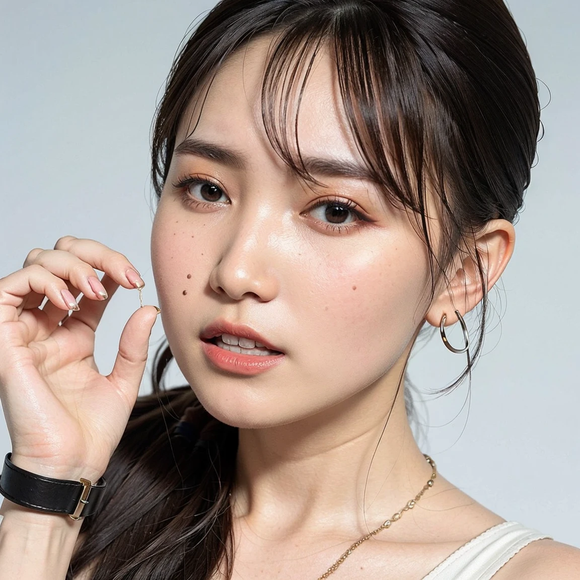 ((Extremely precise and accurate )), (masterpiece:1.43), Perfect balance, Realistic photos, shrapnel:1.22、Man in his 20s、young woman、Very realistic、High resolution photos、Wavy, Shoulder-length chestnut hair、Elegance from the shoulders down、The eyes are a striking green with gold flecks..、natureなアーチ型の眉毛、The skin is white and smooth、nature, Healthy shine、A kind smile、Straight and white teeth、A  made of soft and light fabric that fits snugly..、Sunlit beach in the evening、The sea swaying in the wind、Clear deep blue sky with white clouds、The sunlight is warm and golden、顔の特徴や衣服の質感を強調するnatureなハイライトと影、メイクは最小限でnature、Light Foundation、A faint blush、Subtle eyeliner、A little mascara々々、Soft pink lip color、Mr..々Pause、Make different  expressions、Wavy hair、A sense of movement and vitality、(((Shallow depth of field effect)))、Image focus、The atmosphere is warm、The energy of joy、natureの美