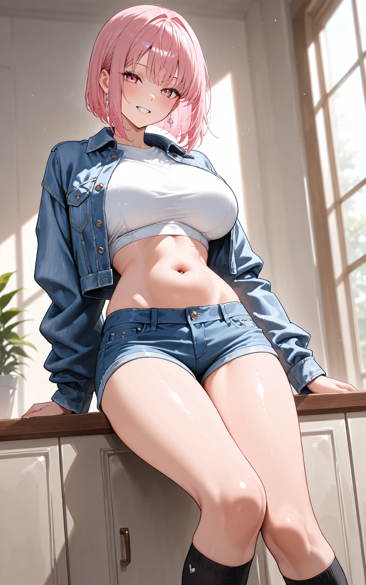 cleavage, Highest quality, masterpiece, 8k,Very detailed, Detailed reflective eyes,  Very detailed face, Shiny Hair,1 girl, showing pubic area:, JK, thong, crop top white shirt, (sleeveless), sailor suit, super detailed face, lip details, half opened mouth, smile, fine green eyes, double eyelid, one knee up, bedroom, Beautiful thighs,Beautiful fair Skin, Hair pulled back, glamorous, thin thighs, (underboob),