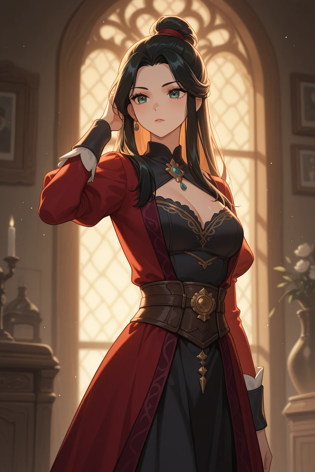 Very handsome feminine guy 17 years old with thick brown hair to the shoulder blades; big brown eyes, long eyelashes; Almost flat chest; One On the Theatrical Stage (Lady Macbeth), Theatrical production, High-end acting, is looking at the camera; anatomically accurate, Realistic textures, max detail,