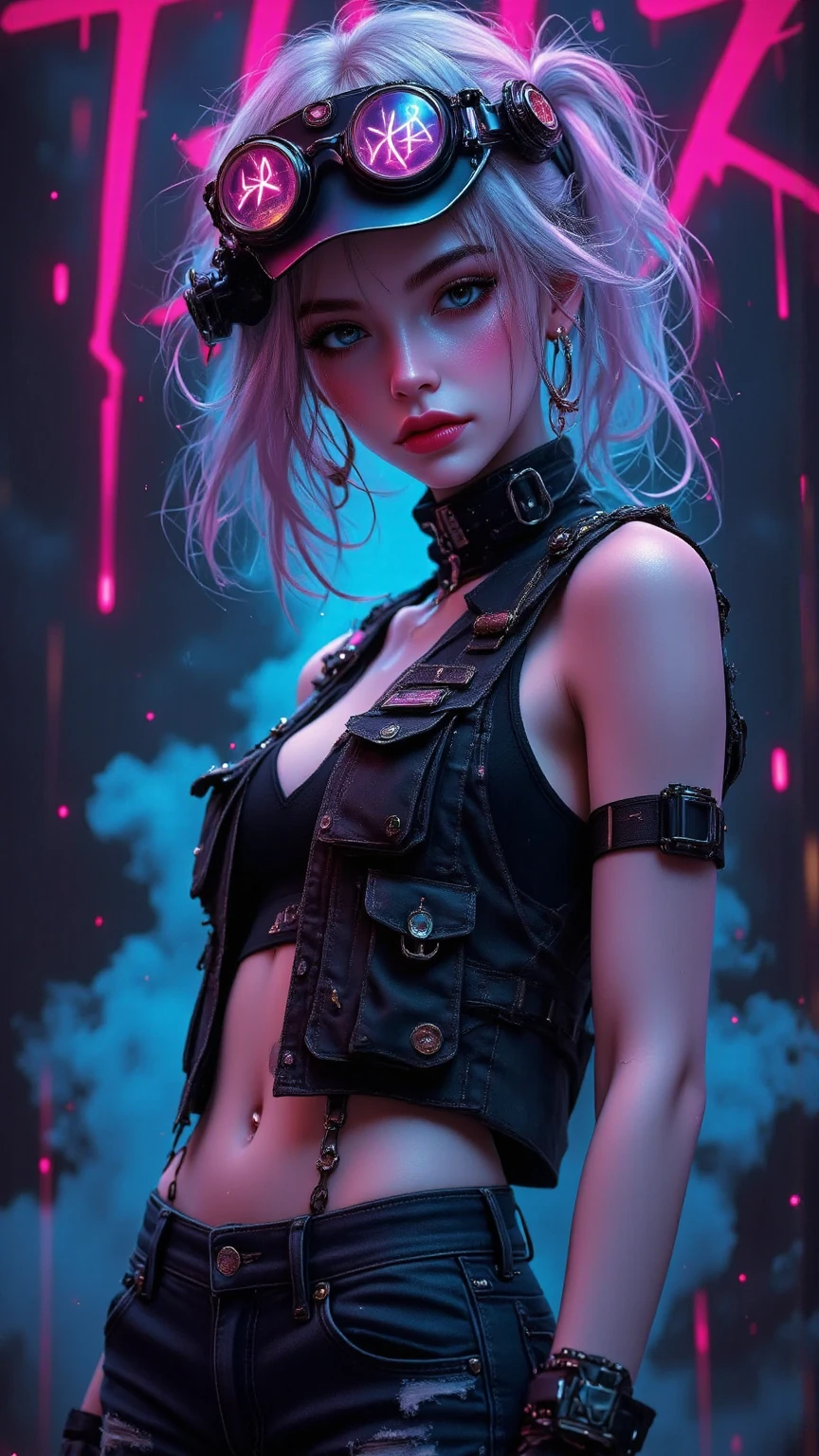 masterpiece, (Reality:1.4), best quality, Beautiful Lights,
Seven grass camelina, 1 Girl, Bangs, black background, black jacket, black shirt, black shorts, blue eyes, blunt Bangs, breast, Cleavage incision, Garment cutting, Crop Top, Eyeshadow, Fangs, Gradient hair, Gray hair, Hair ring, jacket, Lilac hair, Looking at the audience, cosmetic, Colorful hair, Umbilical cord, open mouth, red Eyeshadow, shirt, shorts, sleeveless, sleeveless turtleneck sweater, sleeveless turtleneck sweater Crop Top, small breast, Solitary, Stomach, turtleneck sweater, turtleneck sweater Crop Top, Two-tone hair, Vampire RAW photos, 8K Ultra HD, Film Grain