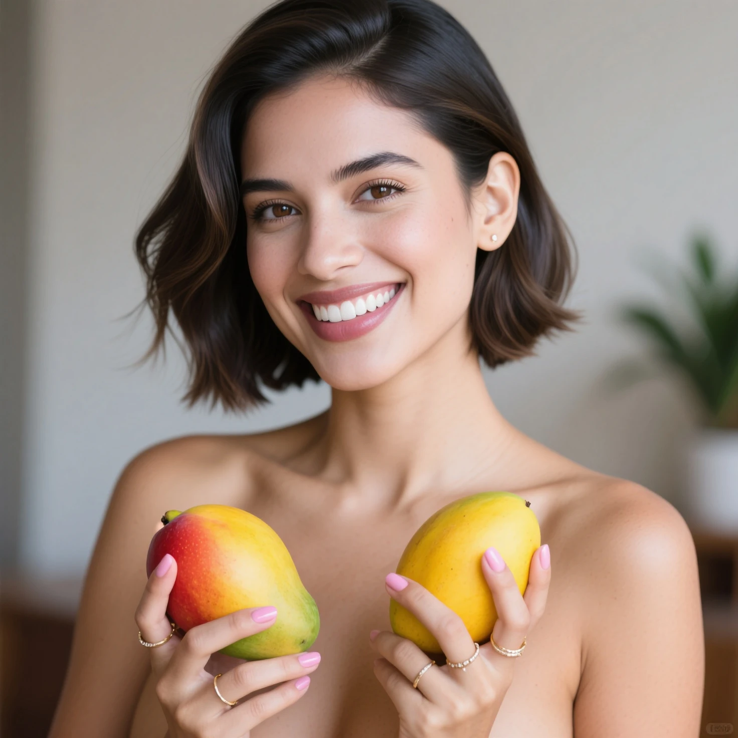 Maria Grazia Cucinotta holding a fruit cocktail completely naked and smiling