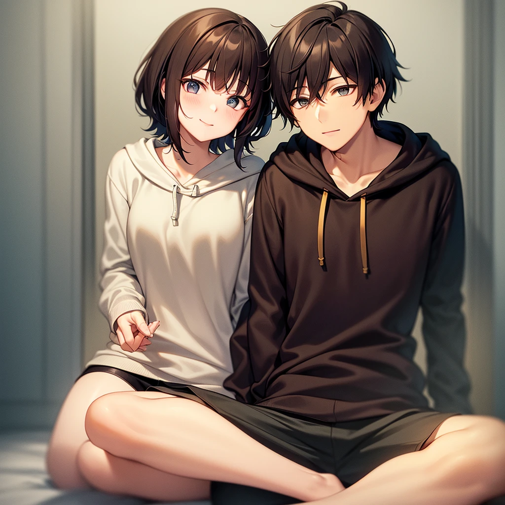 Couple in their 20ale1名, woman1名、Both men and women should wear casual attire.、Shiny atmosphere、woman(Medium long brown hair)close ~ eye、Sweet Sigh、male(Black Short Hair、右手をwomanの頬に当てる)tightly close your eye、With background(room、sofa)、The night deepens、dark、Anatomically correct limbs、The girl is a little thin