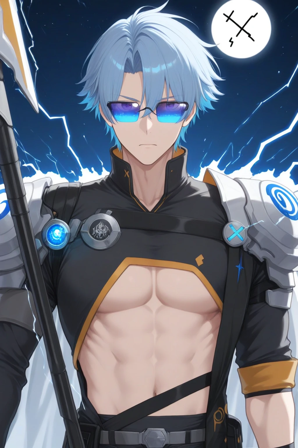masterpiece,best quality,highres,cinematic lighting,dramatic angle,<lora:ShadowverseKarulaV2:0.8:lbw=jianigshi3>,1boy,light blue hair,heterochromia, clothing cutout,asymmetrical clothes,armor,mechanical arms,black pants,ribbon,belt,beads,looking at viewer,electricity,portrait,close-up,dynamic angle,depth of field,mature male,expressionless,muscular,flaming fist,magic,clenching hand,outstretched arm, clenched hand,