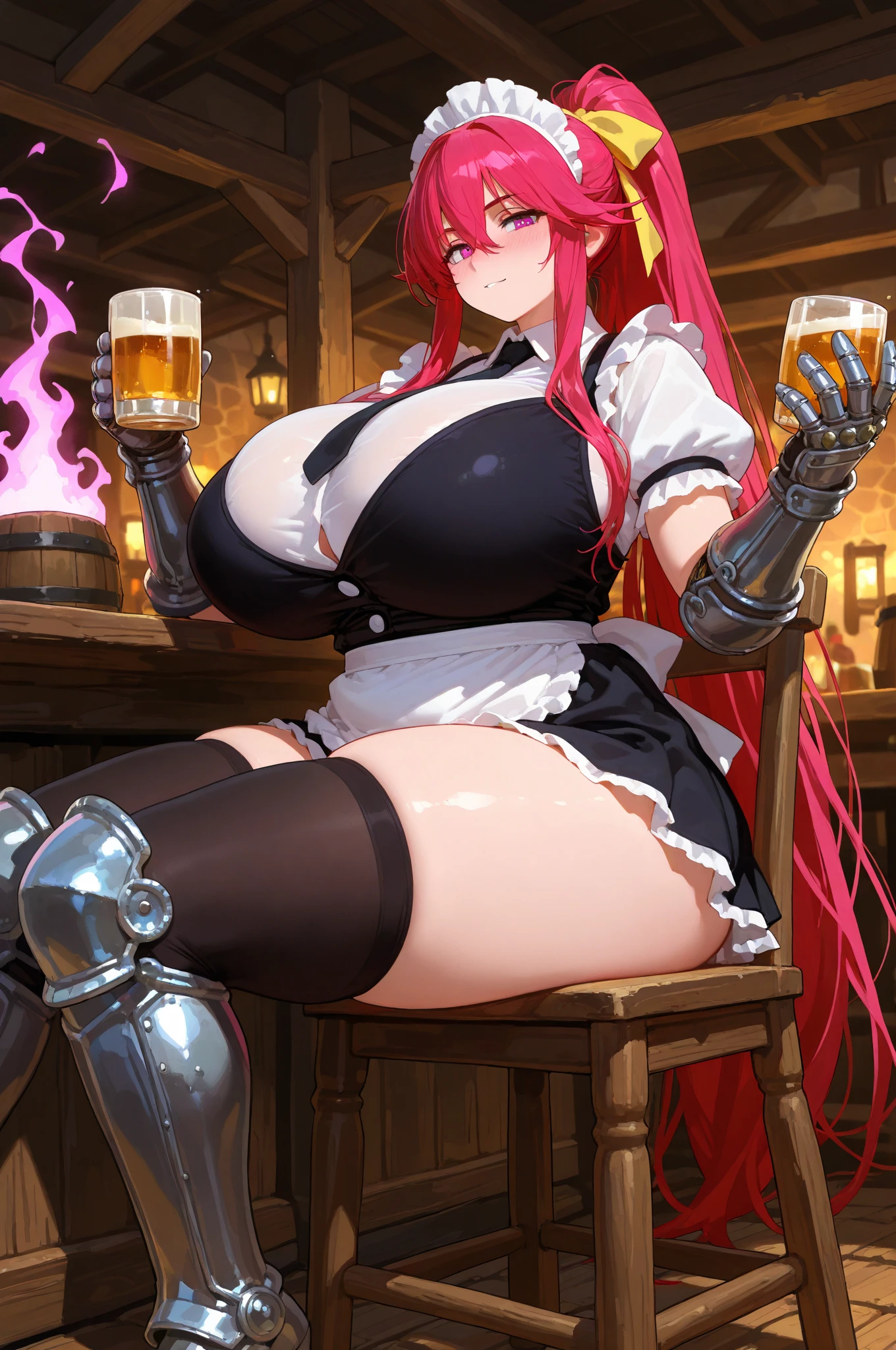 masterpiece,best quality,highres,cinematic lighting,dramatic angle,1girl,<lora:ShadowverseTidalGunnerV1:1:OUTSTYLE>,twintails,red hair,red eyes,hair ribbon,goggles,huge breasts,thick thighs,skindentation,looking at viewer,portrait,close-up,seductive pose,bunny suit,bunny ears,embarrassed,covering breasts,hand on own chest,holding tray with beers,waitress,shy,(blush:1.3),fishnet,bare shoulders,highleg,bar,onlookers,crowd
