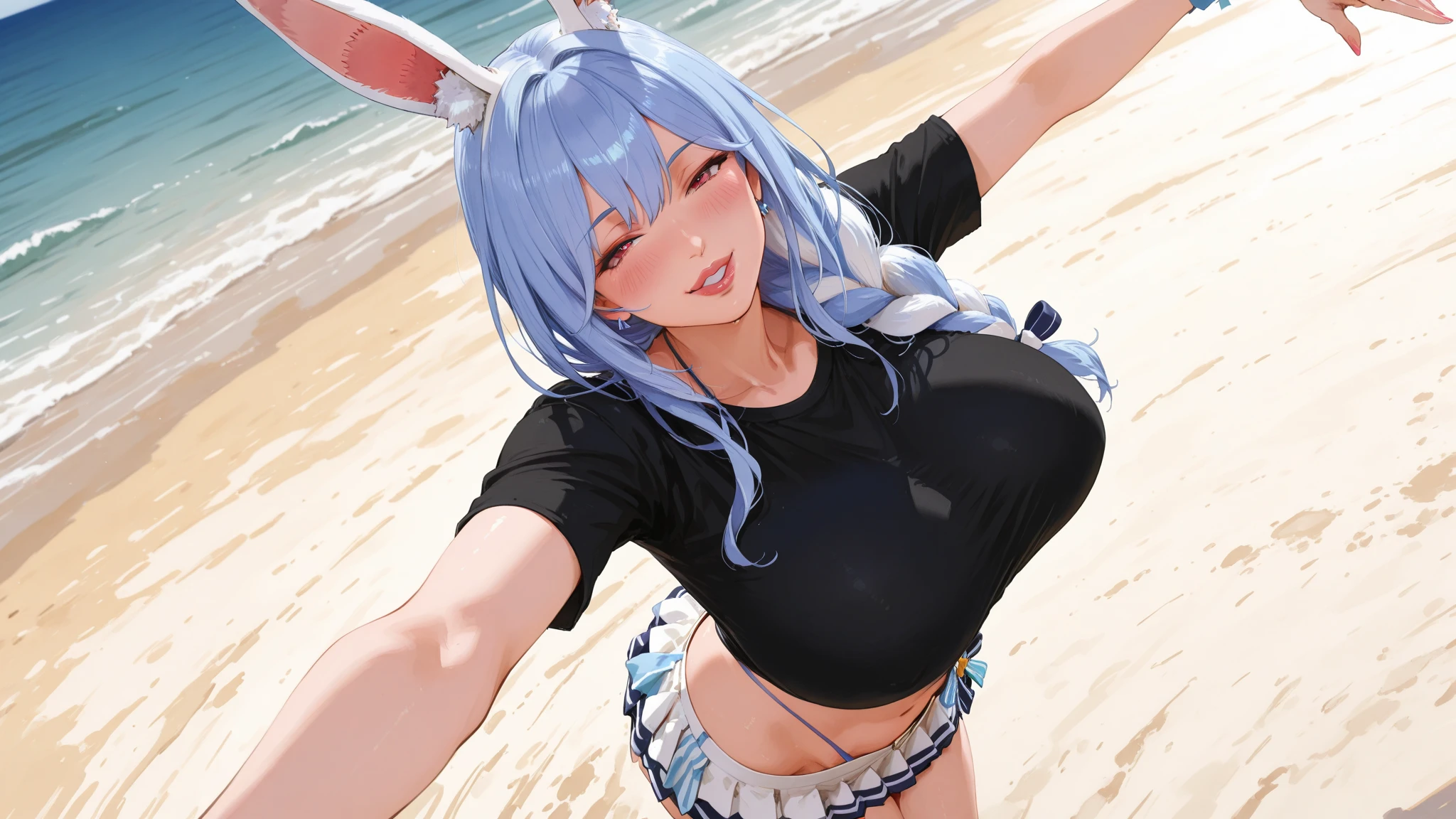 score_9, score_8 up, score_7 up, masterpiece, best quality, highly detailed, 5girl, solo, silver hair, curly hair, teal eyes, hair between eyes, medium hair, highres, medium breast, swimsuit, outdoors, beach, innocent, beautiful, mouth open, tongue out