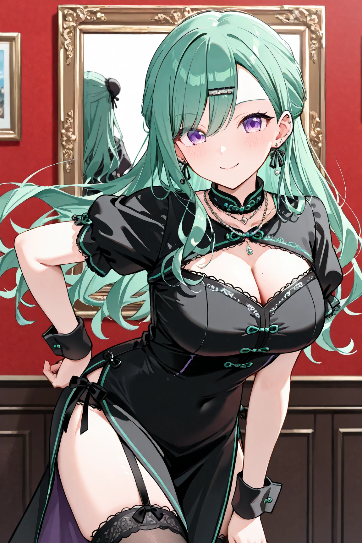 (masterpiece、Highest quality、Very detailed))、One girl、((light green hair))、((Medium Hair))、Two Side Up、Yellow Eyes、evil smile、((Grin))、((Very large breasts))、((black playboy bunny))、((Thick waist))、Cowboy Shot、((bent over))、Bedroom Background
