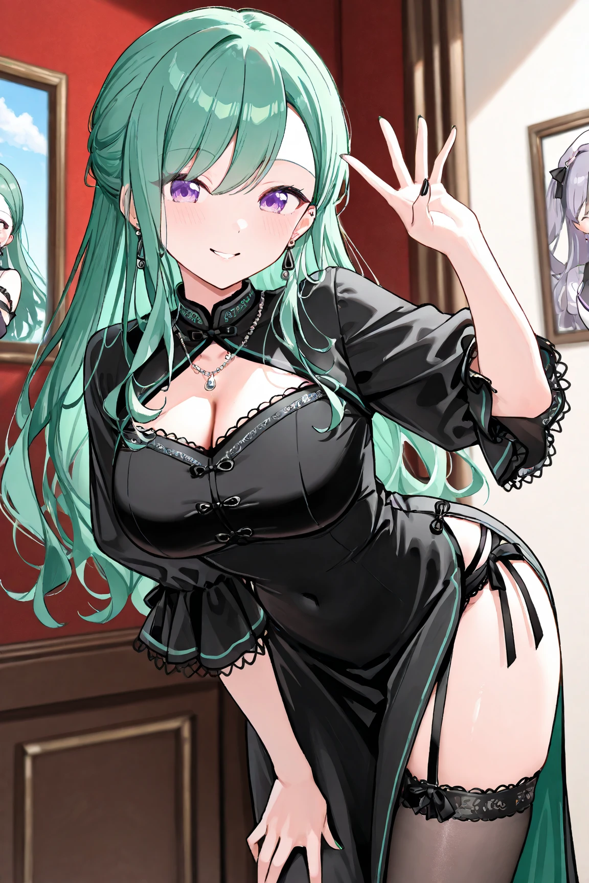 , big breasts, 1women, green hair, green eyes, white panties, Black pantyhose, girly face, girly body, cleavage, stockings, garter belt, baizhu (genshin impact), green hair, Japanese yukata, glasses