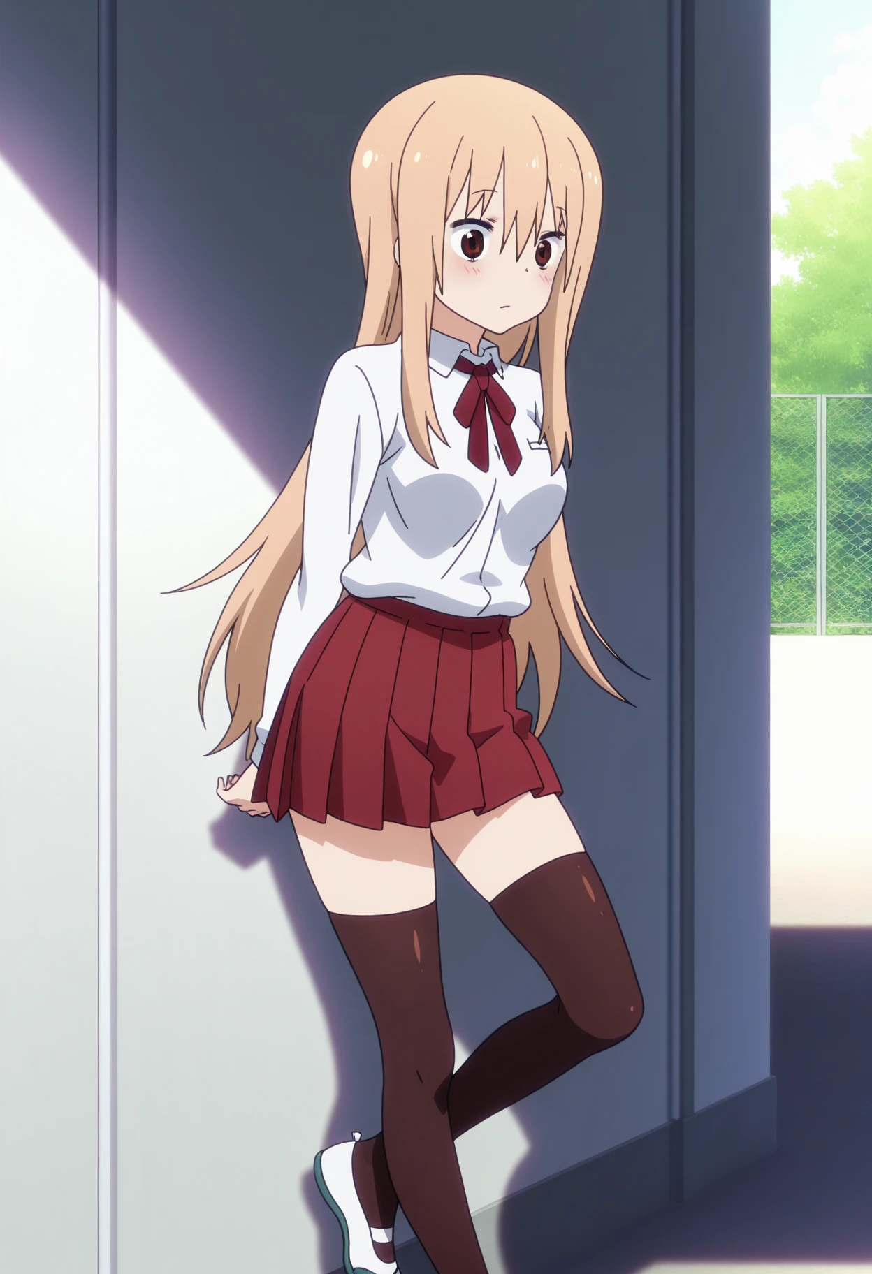 Long Hair, , Blonde, (Red eyes:1.2), Knee socks, very Long Hair, Ahoge, 弓tie, Hair Bun, white ニーソック blue 弓tie, cone Hair Bun, View your viewers, smile, Mouth closed, Outdoor, Highly detailed face, Perfect lighting, (Perfect hands, Perfect Anatomy), white Knee socks, , Spread your legs naked pregnancy Pregnant women Ahegao Bitch Inviting ejaculation No clothes