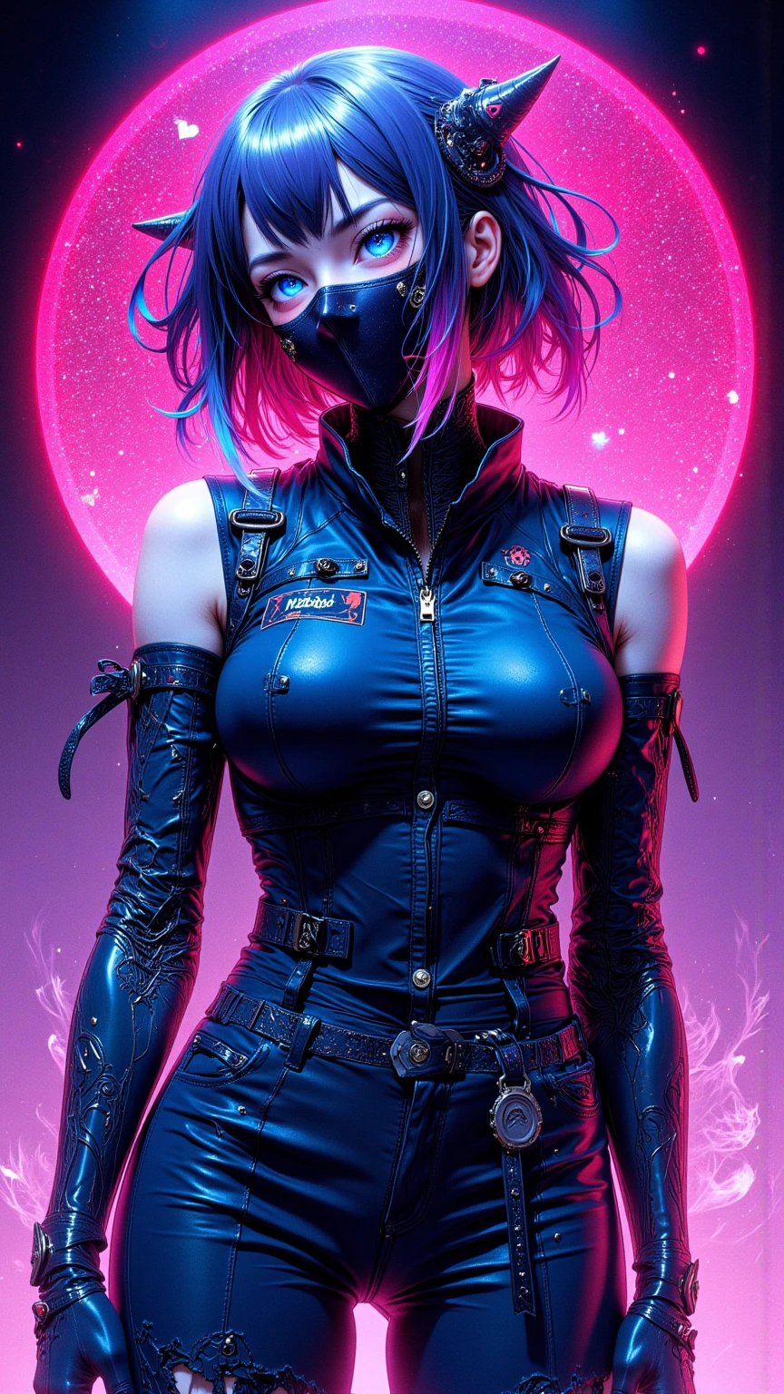 This pretty girl with bright, synthography-style eyes has short, vibrant hair, carefully styled in tons of pastel blue and pink. Her intense gaze is underscored by her multi-colored irises, which seem to illuminate the atmosphere. Her skin is smooth and translucent, with slight futuristic elements incorporated, like small glows on your face. Ela uses a soft makeup, with subtle neon touches that enhance your captivating expression. Her style is bold and avant-garde, with clothes that mix technological elements and a retro touch, like a metallic dress and holographic boots. An aura of creativity and curiosity surrounds, turning into an inspiring figure in the world of art and technology, (dark plain black background:1.4)), (master part), high quality, 1girl, Woman, tattoo, Irezumi, depth of field, dynamic lighting, high quality shadows, white hair