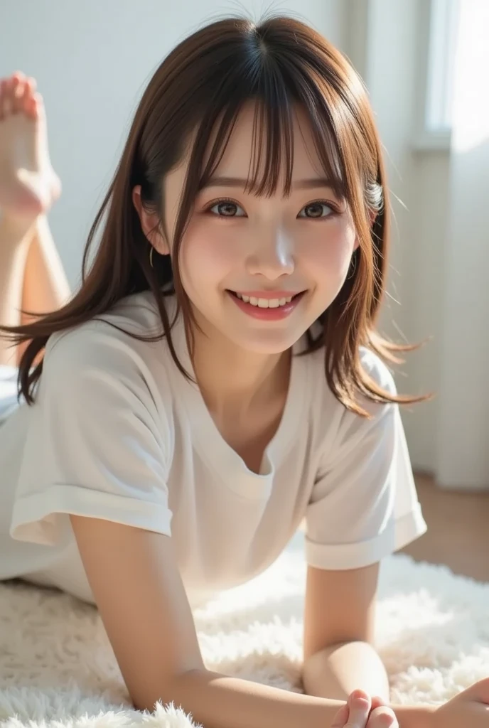 (8K、RAW Photos、Highest quality、masterpiece:1.2)、((Nipples、short hair、Flat Chest、smile、whole body))、(Realistic、Realistic)、1 Girl、((Sports Bra、Waking up、After sexual、morning、 Hotel Bedroom、Lying in bed、smile))、cute