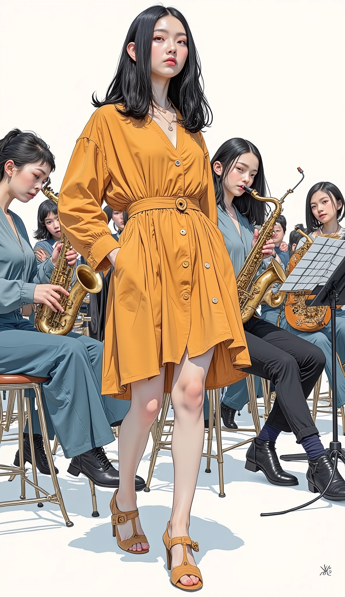 Women in an orchestra with instruments , poster art ,Screen Print Poster, graphic novel cover art, graphic details ,Advertisement Art,Poster Illustration, Illustrated poster, By Jens Sondergaard ,fashion illustration on watercolor white paper background,,comic book cover ,Emil Lindenfeld Falling to the Ground Fashion Illustration,Center Line