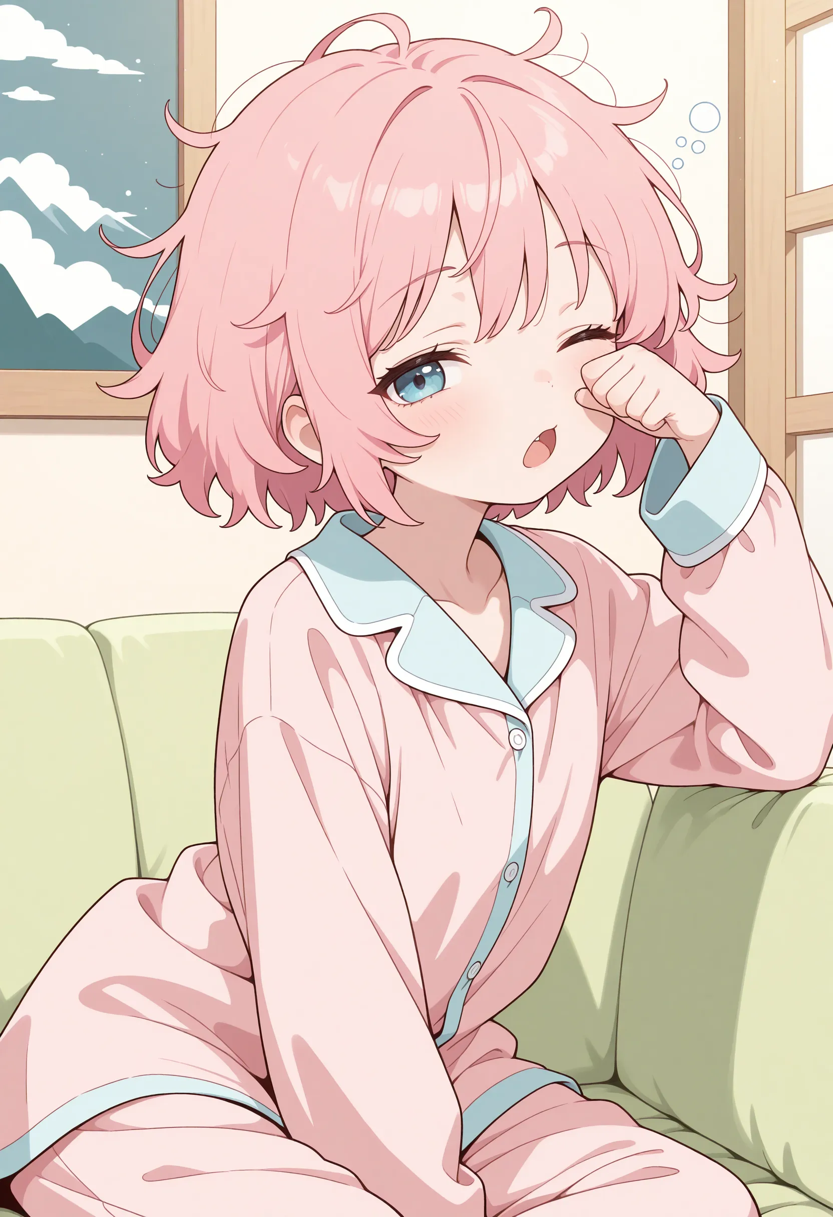 inn、Sit on the bed、Beautiful girl waiting for sex、Flushed face、Pink Hair、Twin Drill