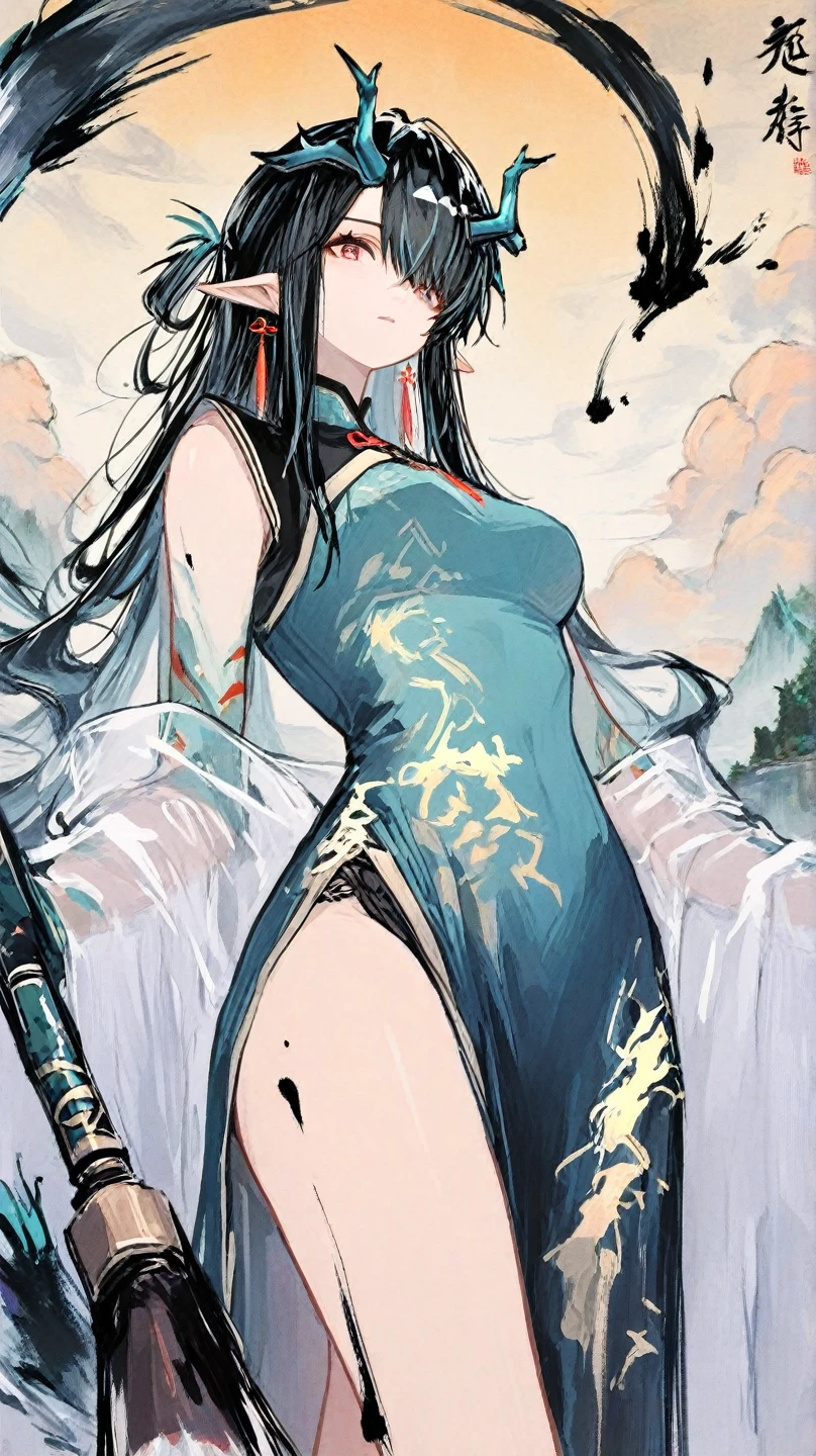 (masterpiece, best quality:1.2), 1 girl, alone，Two dimensions，amazing,Inspired by the myths and legends of Guilin, China:Liu Sanjie，A bust of a woman 白色的长发，black eyes, Peerless beauty，a woman, with a cloak on his head，long legs，barefoot，, metal jewelry, Serious expression, attack action, head down, hanfu, black clothes, icy look in the eye, loose hair, (ink smudges) beautiful figure painting, Clothing black and white ink style, Delicate complexion, watercolor, soft, martial arts style, ethnic style, Exquisite and beautiful face, girdle, sharp vision，black theme，The ferocious beast behind，（body movements，whole body，Correct human anatomy）