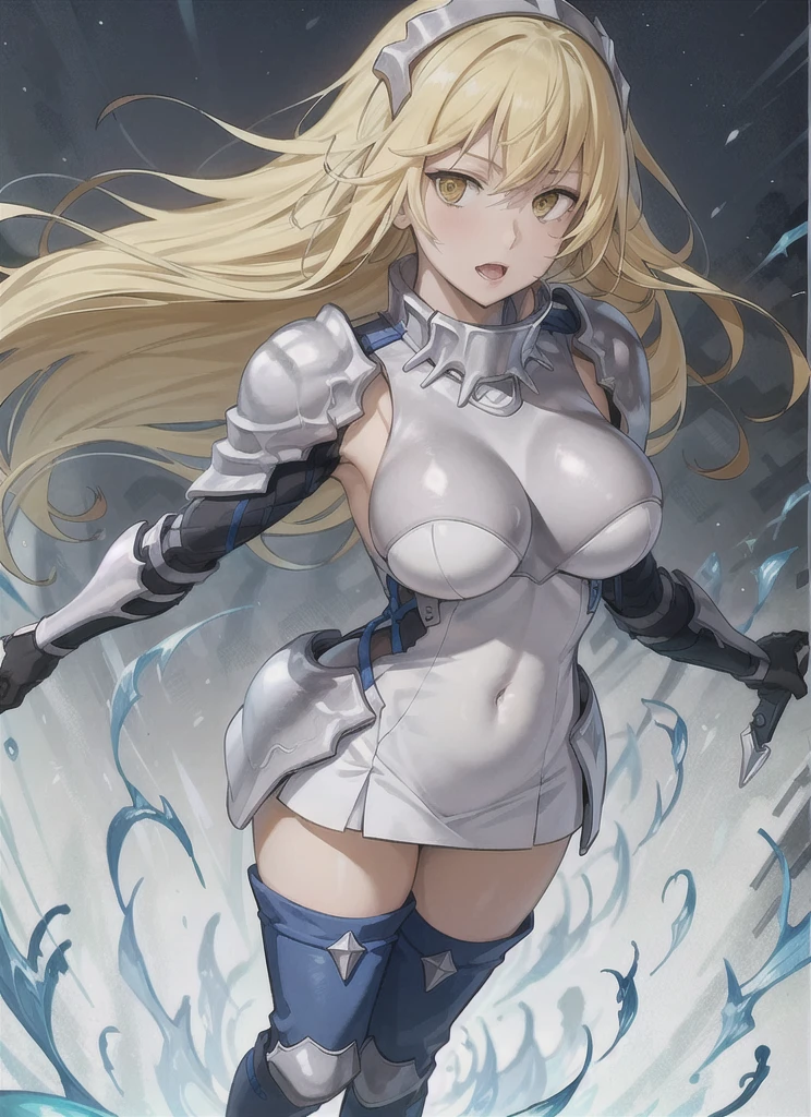 (Adult female:1.5)、Very detailed、highest quality、Best image quality、masterpiece、8k、Anime Face、A kind smile、Open your mouth、Sparkling blue eyes、(Blonde Wavy Hair:1.5)、、Muscles of the whole body、thong thong、Thigh belt、(Wearing white bikini armor:1.5)、(Cowboy Shot:1.5)、(foot armor:1.5)、(Put on a helmet:1.5)