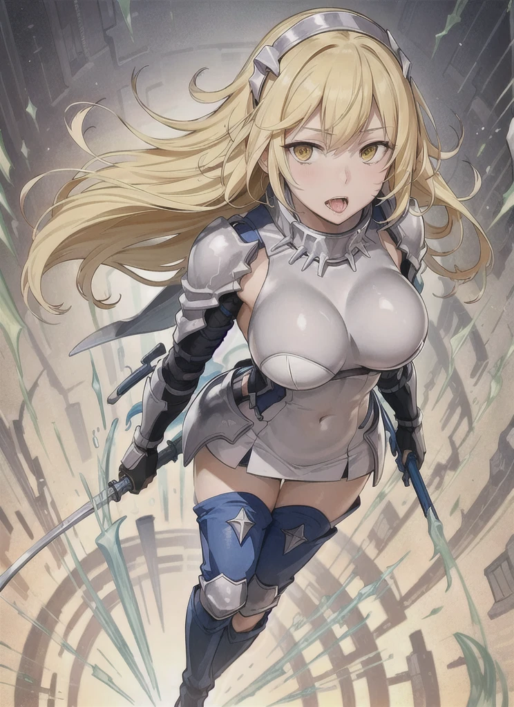 Ultra-high definition image quality、beautiful girl、Female Swordsman、Light armor、Greeboots、Long Hair、blonde、20-year-old、intimidating face、Very short tight skirt、Cowgirl、wilderness、Highest quality,Big Ass、Big Breasts、Thighs、Holy Sword Excalibur、Black panties、Jump by kicking off with your feet、Joan of Arc style