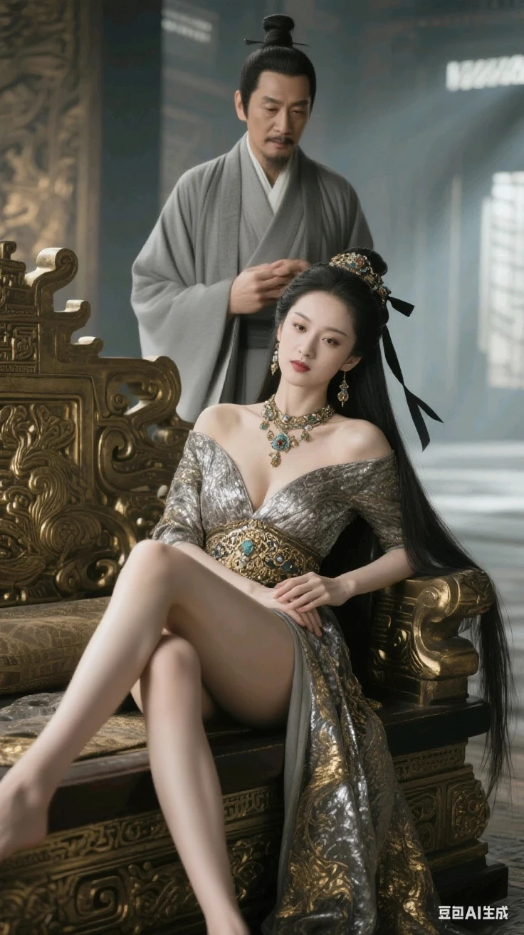 Fengshen Bang,tmasterpiece,ultra fine photos,,best qualtiy,超高分辨率,Photoreality,Chiaroscuro,(full-body portraits),stunningly beautiful,dynamicposes,delicated face,Bigchest,Murderous eyes,(seen from the side),She wears gold ancient Chinese armor,very highly detailed background,detailed face with,Detailed and complex busy background,untidy,opulent,milkyW,Highly detailed skin,Realistic details of skin,Visible Pore,tack sharp focus,volume fog,8k uhd,digital SLR camera,high qulity,filmgrain,White skin of the,photo-realism,lomography,The palace of the Yin Shang King in ancient China , look from down, semi transparent, gigantic breasts, showing cleavage, full body shot camera angle, lotus tattoo on forehead, sexy body: 1.4, Slim abdomen: 1.2, sitting on chair with her legs opens in an M shape, gigantic deep cleavage, open shirt, opens her legs in an M shape,