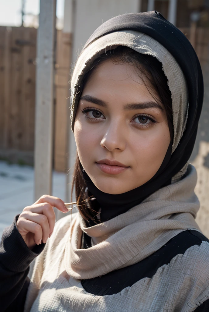 This girl wearing simple modest Islamic clothing (hijab and white clothing)