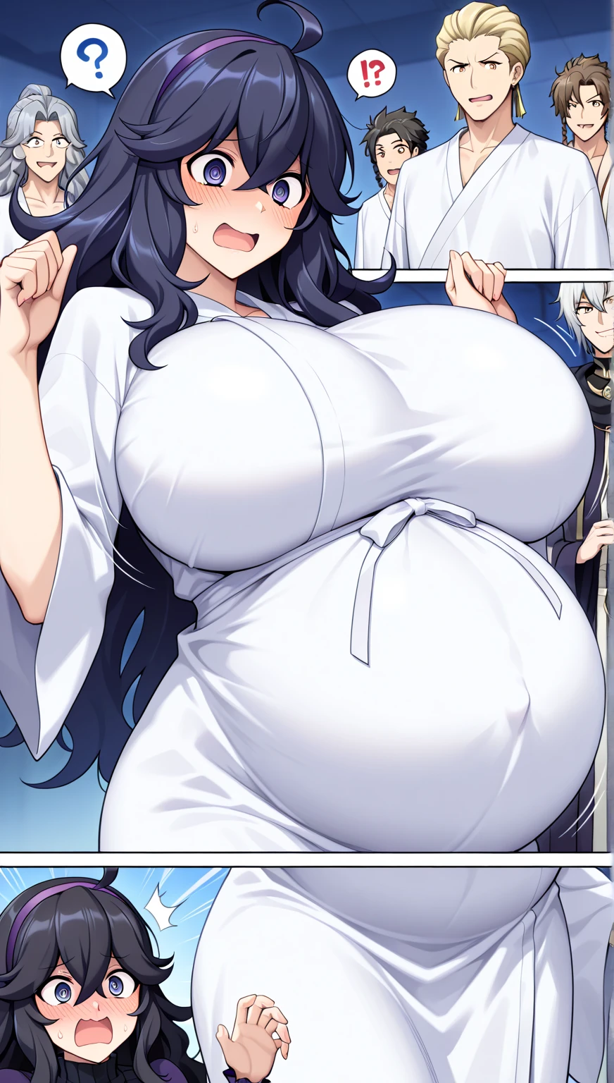 masterpiece, extra limbs, 1japanese house wife, 38 years old, black extra long hair, huge breasts plump beautiful breasts,pregnant, (((smile))), (((clothed white blouse,buck long skirt))),wedding ring, standing breast hold