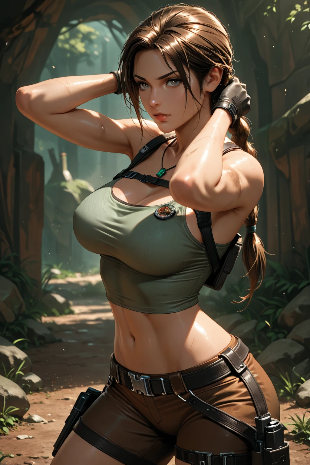 sexy Lara Croft Tomb Raider, pink long hair, blue tank top, underground caves background, torn clothes, good lighting, hands at her side,  athletic and fit body, huge breasts, curvy figure, deep cleavage, perfect hands, detailed hands, perfect eyes, detailed eyes, sharp jawline, seductive eyes, eye contact, full lips, ((big )),realistic, HDR, UHD, dynamic