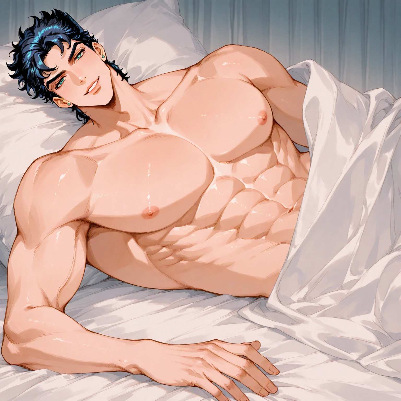 a extremely handsome man on his young Thirties, with an incredible athletic body, shirtless, dark-skinned Puerto Rican and Japanese ethnicities, and black hair, red eyes, in his bedroom
