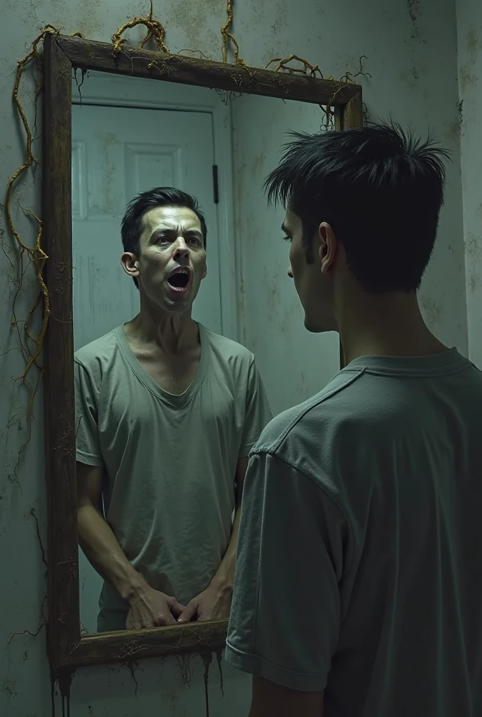 Lucifer lean body young in bathroom brushing my  teeth in bathroom  looking at myself in mirror crying  in pain as my back has  red blood scars.