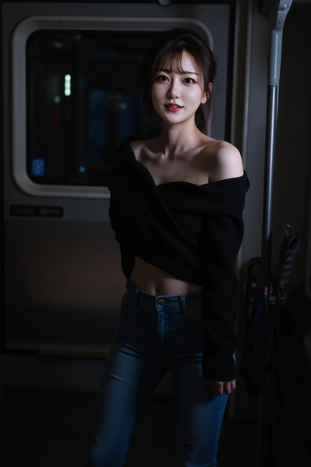 Generate: Realistic, amber haired girl 
Face: brown eyes, small frekels (very low quantity), smooth small nose, ears part visible 
Body:  small waist, thick , hips: middle wide,
Environment: city balkony at early night 
Lighting : dawn but generated person fully visible.
Wearing: ai generate:black shorts




 
Make the face a little less smooth and add a few freckels to the nose and cheeks 

Ai generate: Make it look like the person is taking a selfie 

Make the eyes a litte smaller and more realistic
 
Aigenerate: red pullover, see thru