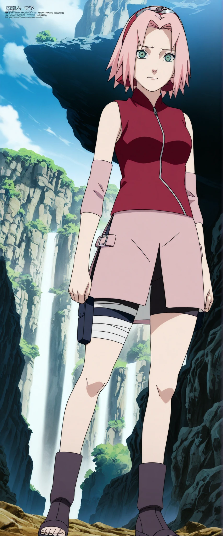 1girl,haruno sakura standing look at the viewer, BREAK pink hair, short hair, red hairband, green eyes, parted bangs, BREAK red sleeveless minidress, zipper, pink miniskirt, bandaged thigh, BREAK medium breasts, beautiful body, beautiful legs , masterpiece,best quality,amazing quality,professional quality ,very aesthetic ,newest,scenery, ultra detailed ,highly detailed ,intricate , absurdres , high resolution , 4K , 8K , unity 8k wallpaper , crisp quality , sharp focus , rich contrast , rating_explicit , official art, official style,source_anime,anime screencap,anime coloring,megami magazine,anime,animated ,1girl, standing at konoha village, straight angle, full body,