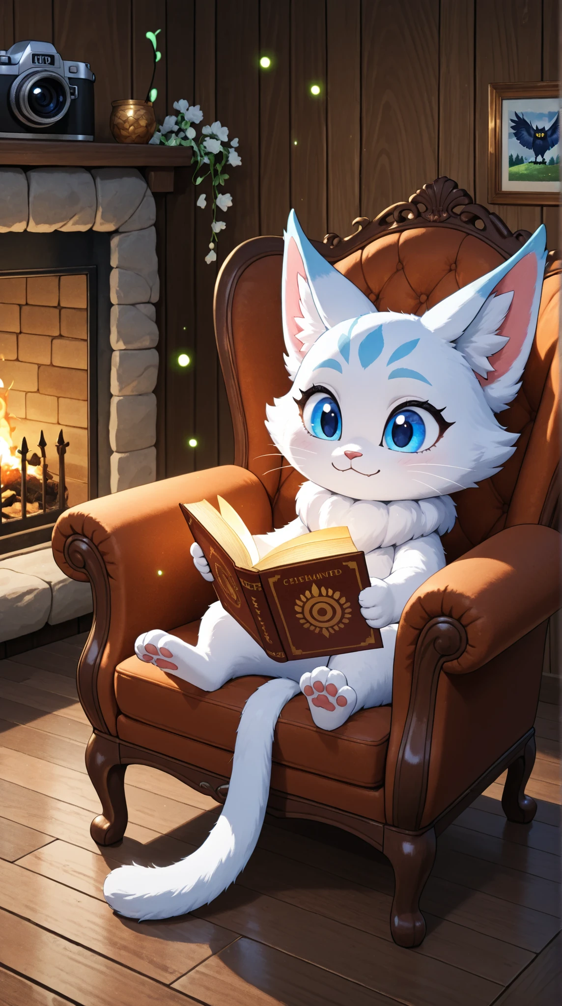 "A fluffy white cat with soft, cloud-like fur and bright blue eyes curls up in a cozy armchair, flipping through a tiny book with delicate paws. The fireplace crackles softly, casting a golden glow across the wooden walls. Shelves lined with small trinkets, dried flowers, and teacups create a warm, inviting space. The camera gently zooms in as the cat's tail sways rhythmically, fully immersed in its reading. Outside, the enchanted forest hums with distant owl calls and shimmering fireflies.
Style: whimsical 3D Pixar style."
