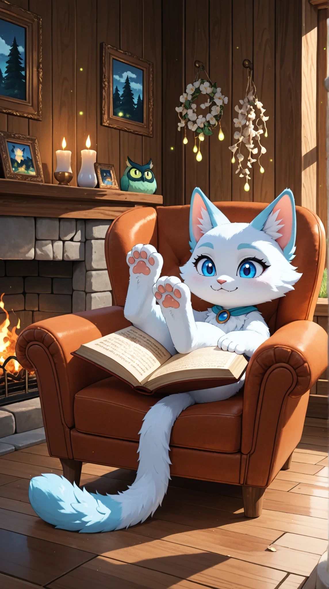 "A fluffy white cat with soft, cloud-like fur and bright blue eyes curls up in a cozy armchair, flipping through a tiny book with delicate paws. The fireplace crackles softly, casting a golden glow across the wooden walls. Shelves lined with small trinkets, dried flowers, and teacups create a warm, inviting space. The camera gently zooms in as the cat's tail sways rhythmically, fully immersed in its reading. Outside, the enchanted forest hums with distant owl calls and shimmering fireflies.
Style: whimsical 3D Pixar style."